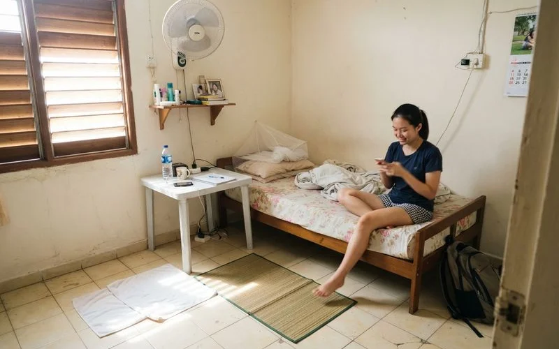 A backpacker checking into a simple, clean budget homestay room in Malacca, natural daylight, minimal decor