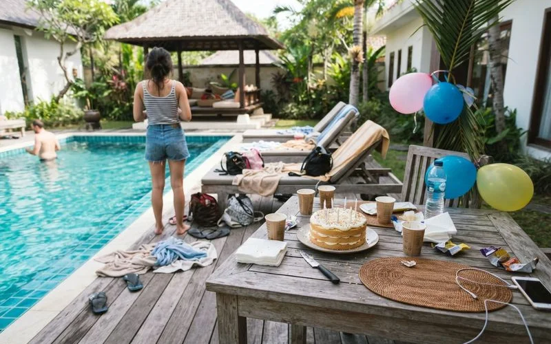 A pool villa in Malacca decorated for a birthday celebration with balloons and a table setup by the pool, daytime, festive but tasteful