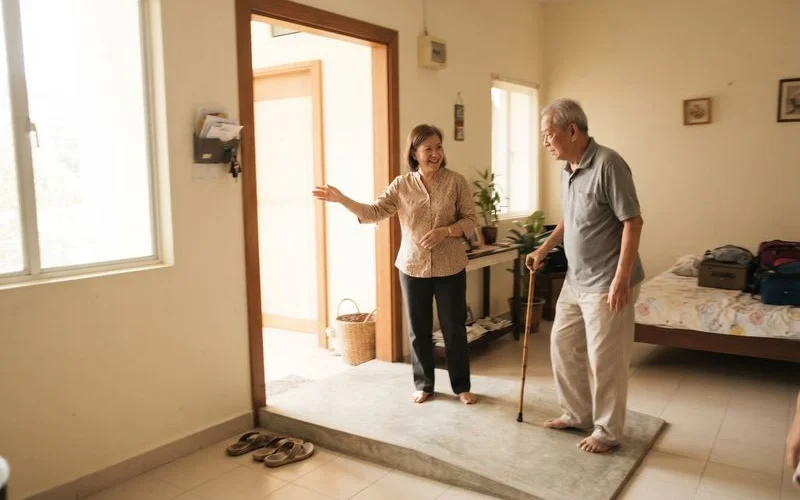 An elderly grandparent being helped up a few steps into a homestay entrance in Malacca, a grandchild nearby, warm natural light
