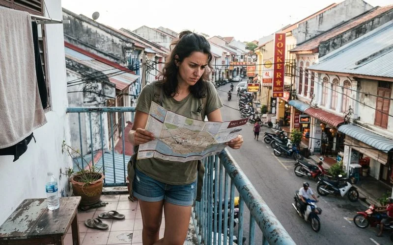 A homestay guest deciding between a city map showing a central location versus a quieter suburb of Malacca, natural light