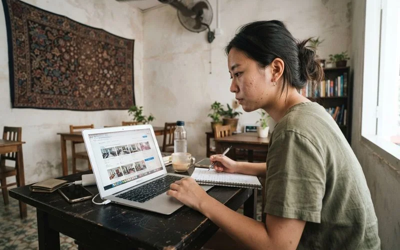 A family and a homestay host reviewing a printed rate sheet at a wooden table in Malacca, natural daylight, casual and unstaged