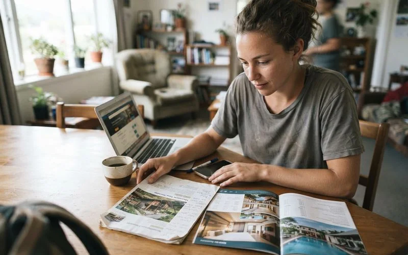 A traveler comparing two accommodation listings side by side on a laptop at a Malacca cafe table, natural light, casual