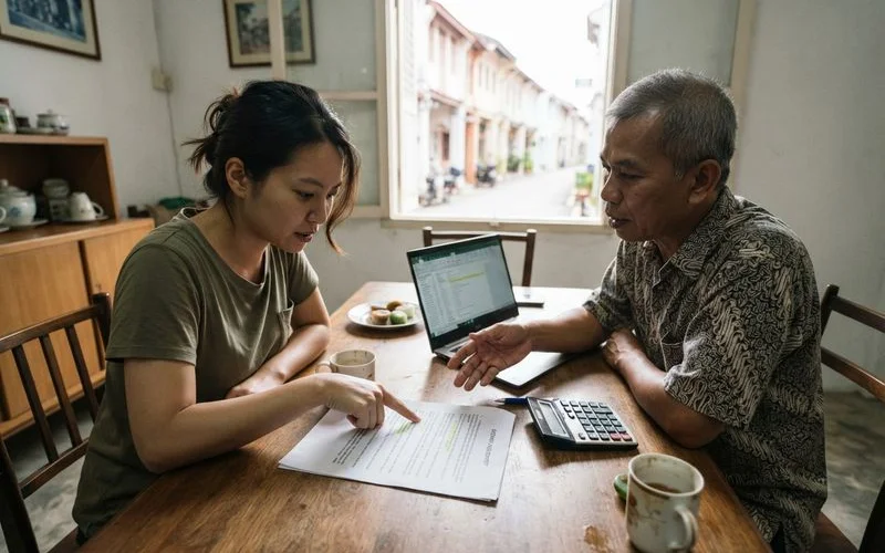 A guest and homestay host reviewing a booking confirmation message on a phone, natural daylight, casual setting