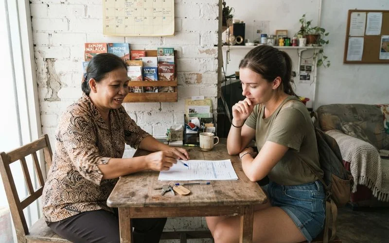 A traveler messaging a homestay host on a phone while checking a Malacca street map, natural daylight, candid