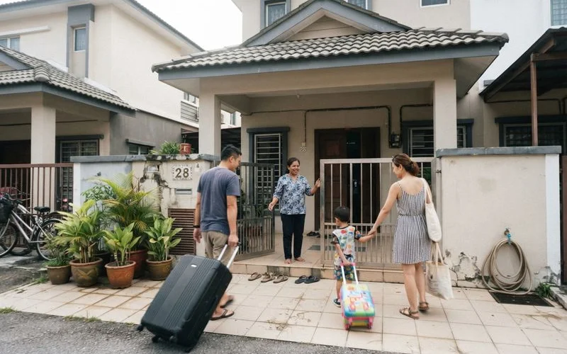 Three generations of a family unloading luggage outside a homestay house in Malacca, warm daylight, candid and unstaged
