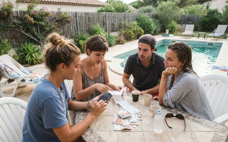 A group of friends by a private pool at a villa in Malacca, relaxed and social atmosphere, natural daylight