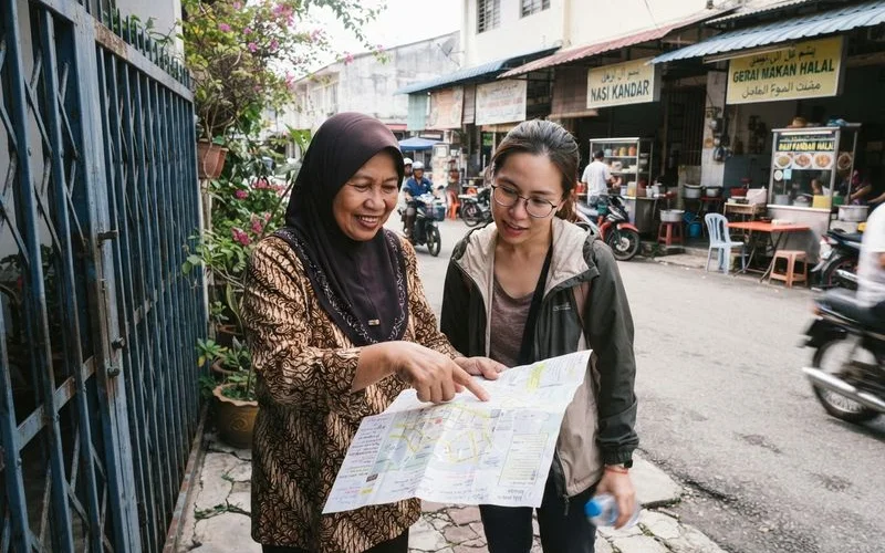 A family walking past halal food stalls near a homestay in Malacca's historic town centre, daytime, bustling street scene
