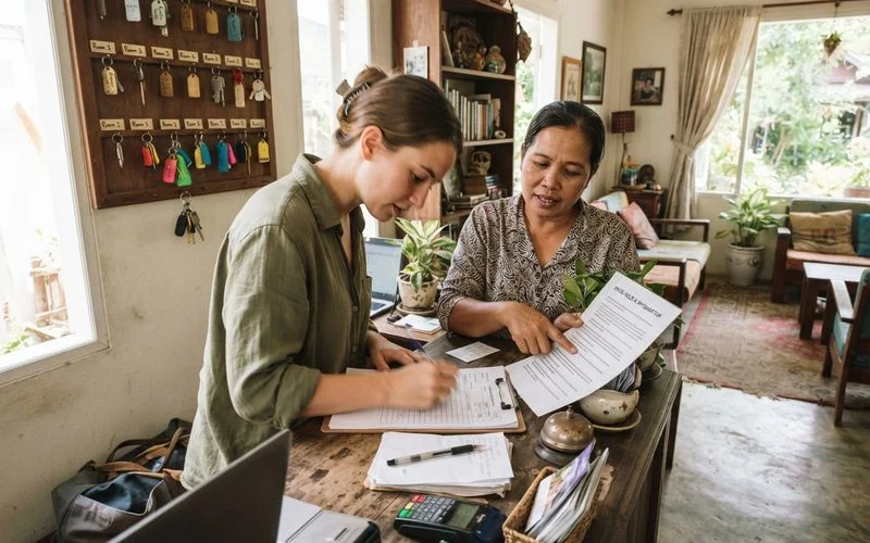 Guests arriving and receiving keys from a homestay host at the front door in Malacca, warm daylight, welcoming scene