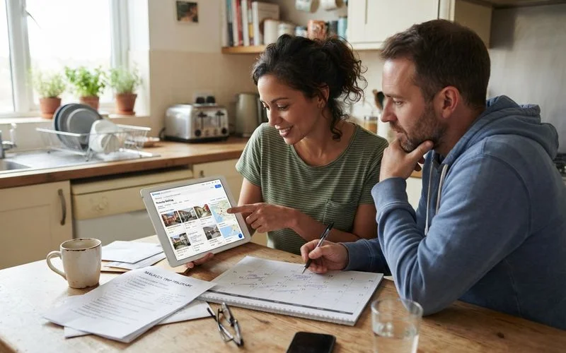 A family checking a calendar and homestay listings together while planning a Malacca trip, natural indoor lighting