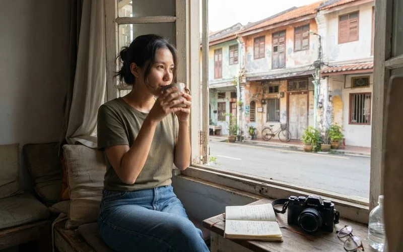 A solo traveler with a backpack checking a map outside a small serviced apartment building in Malacca, daylight, candid