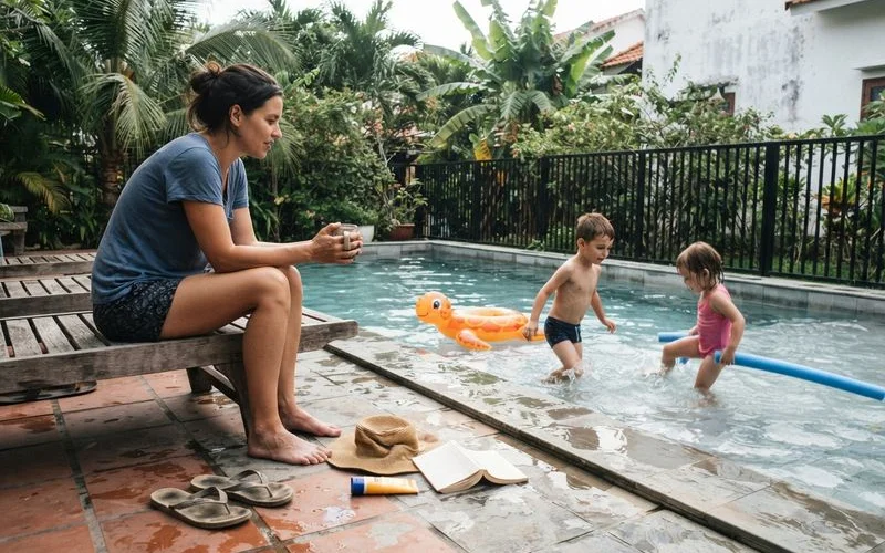A family with young children by a private pool villa in Malacca, adults actively supervising, natural daylight, candid