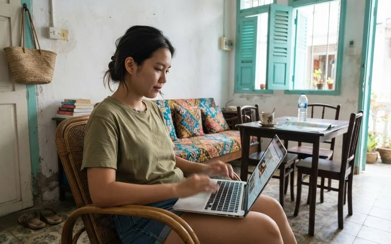 A traveler carefully checking a homestay booking confirmation and host details on a laptop, focused expression, natural light